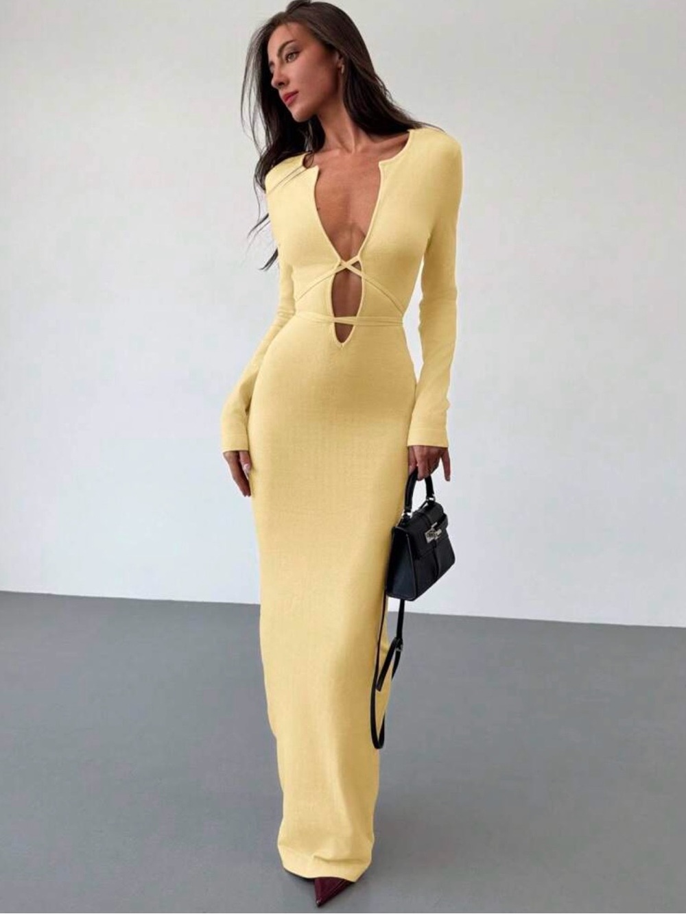 Long Sleeve Cutout Maxi Dress in Soft Yellow